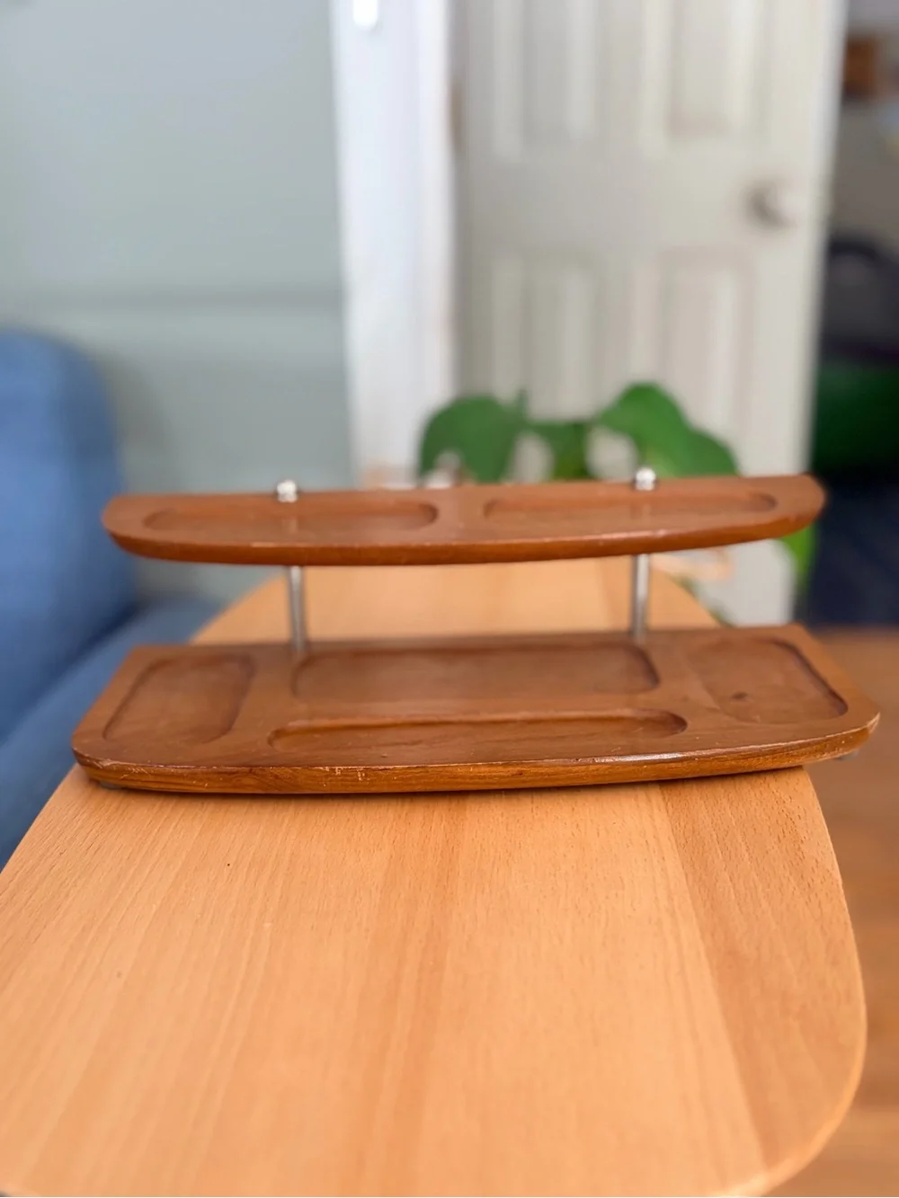 Vintage 1960s MCM Wood Valet Tray | Tiered Dresser Organizer | Dark Wood Catchal